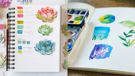 Viewing Deck Blog - 2025-07-24T231045742 Open sketchbooks with watercolor paintings of succulents and abstract designs, alongside a paint palette. | Sky Rye Design Open sketchbooks with watercolor paintings of succulents and abstract designs, alongside a paint palette.