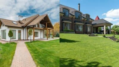 Modern suburban homes with lush green lawns under a bright blue sky, showcasing architectural styles and landscaping.