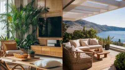 Cozy living room with lush plants and chic outdoor patio overlooking serene sea view.