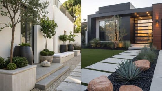 Viewing Deck Blog - 2025-07-25T191015128 Modern house entrances with minimalist landscaping, featuring potted plants, stone pathways, and sleek architectural design. | Sky Rye Design Modern house entrances with minimalist landscaping, featuring potted plants, stone pathways, and sleek architectural design.