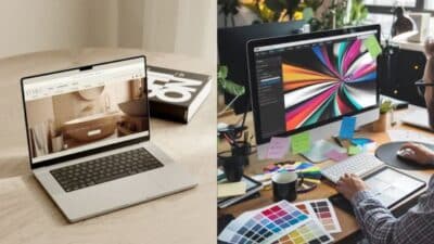 Dual screens displaying web design and graphic editing on laptops and desktop in creative workspace.