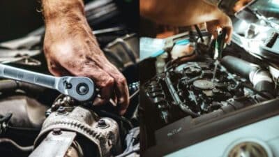 Mechanic using tools to repair a car engine. Hands-on work in a garage setting. Auto repair and maintenance.