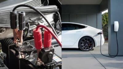 Jumper cables connected to a car battery and an electric car charging at a station, showing traditional vs electric vehicles.