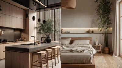 Modern minimalistic kitchen and cozy bedroom with wooden furniture and subtle lighting.