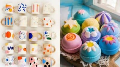Colorful ceramic mugs with artistic designs and vibrant bath bombs on display. Perfect combo for creativity and relaxation.