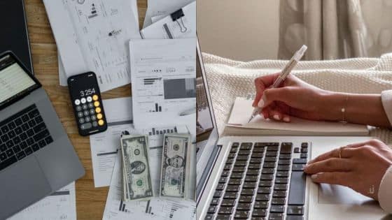 Viewing Deck Blog - 2025-07-27T211248361 Laptop, documents, and phone with calculator on desk; hands writing on notepad near another laptop, money management concept. | Sky Rye Design Laptop, documents, and phone with calculator on desk; hands writing on notepad near another laptop, money management concept.