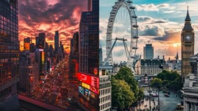 Vibrant cityscapes of New York's Times Square at sunset and London's skyline featuring the London Eye and Big Ben.