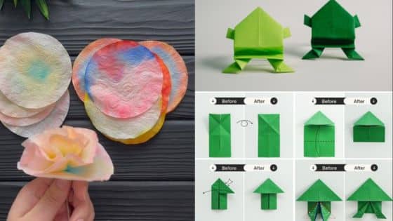 DIY crafts: colorful paper flowers and green origami designs with step-by-step folding instructions.