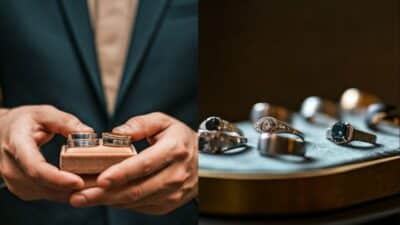 Man holding wedding rings box, assorted rings displayed on a tray. Elegant jewelry collection.