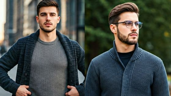Two men wearing stylish knit cardigans in urban and natural settings, showcasing modern fall fashion trends.
