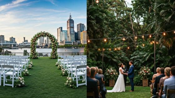 Outdoor wedding ceremony with floral arch, city skyline, and garden setting under string lights.