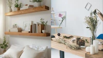 Cozy minimalist home decor with wooden shelves, plants, books, and a craft table showcasing natural materials.