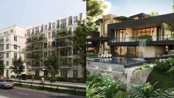 Modern apartment building and luxury villa with pool, showcasing urban and upscale living environments.