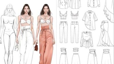 Fashion design sketches with illustrated models wearing trendy outfits and garment technical drawings.