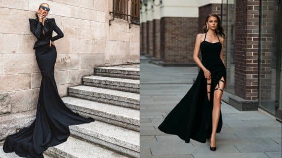 Two women in elegant black evening gowns, one on stairs, one walking on a city sidewalk.