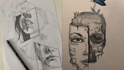 Split pencil and ink drawings featuring a half-face skull with a butterfly and detailed comic-style facial sketches.