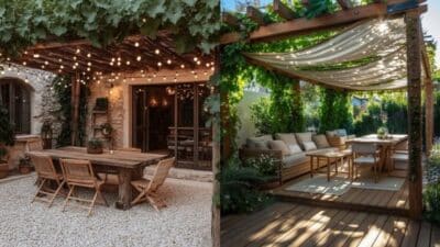 Rustic outdoor patios with wooden furniture and lush greenery under pergolas adorned with lights and fabric shades.