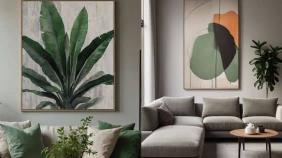 Viewing Deck Blog - 2025-07-31T024535162 Modern living room with abstract and botanical art, gray sofa, green pillows, and potted plants for a cozy ambiance. | Sky Rye Design Modern living room with abstract and botanical art, gray sofa, green pillows, and potted plants for a cozy ambiance.