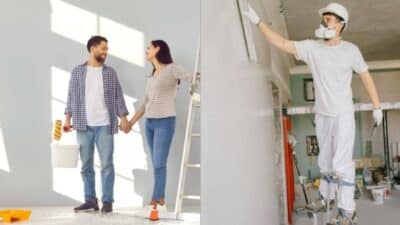 Couple planning home renovation; professional painter working on wall with stilts and tools.