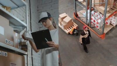 Warehouse workers organizing inventory and checking stock levels on shelves and pallets.