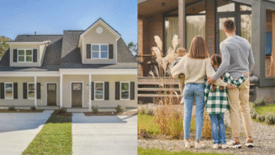 Family admiring new home exterior; couple with two kids and modern two-story house.