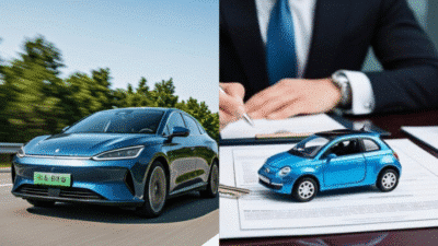 Electric car driving with a miniature model car on a contract being signed, concept of car purchase and insurance.