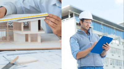 Architect measuring model, engineer with clipboard, construction planning and design.