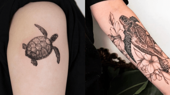Arm tattoos featuring detailed sea turtle designs with floral accents.