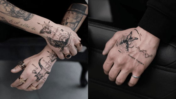Viewing Deck Blog Hand tattoos with intricate designs, including birds and geometric patterns, showcasing detailed black ink artistry. | Sky Rye Design Hand tattoos with intricate designs, including birds and geometric patterns, showcasing detailed black ink artistry.