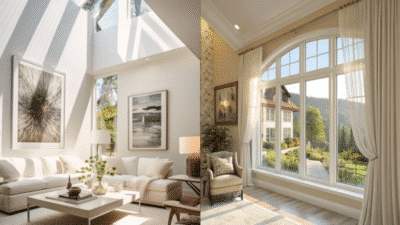 Modern living rooms with large windows, elegant decor, and abundant natural light.