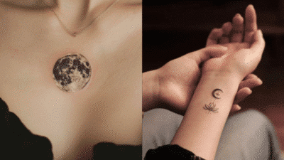 Moon chest tattoo and wrist tattoo with crescent moon and lotus design, symbolizing celestial and natural elements.
