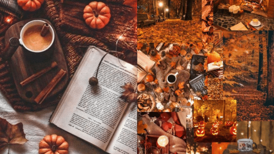 Cozy fall scene with coffee, open book, pumpkins, and autumn leaves. Warm, seasonal ambiance for autumn inspiration.