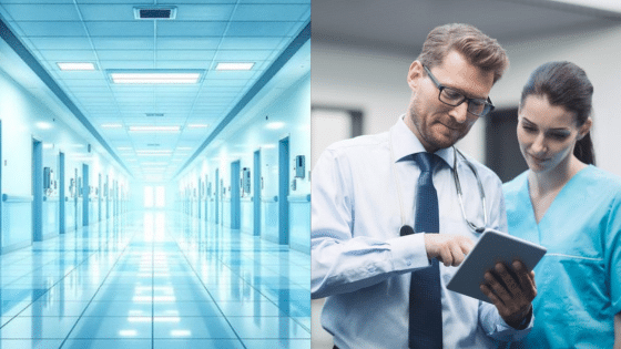 Bright hospital corridor and medical staff reviewing patient data on a tablet.