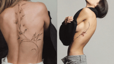 Two women displaying elegant, minimalist floral tattoos on their backs and ribs.