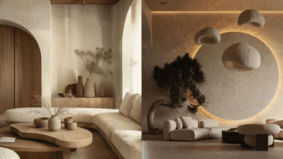 Modern minimalist living room with neutral tones, curved furniture, and artistic lighting accents.
