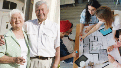 Elderly couple outdoors; team discussing blueprint indoors, highlighting diverse lifestyles and intergenerational teamwork.