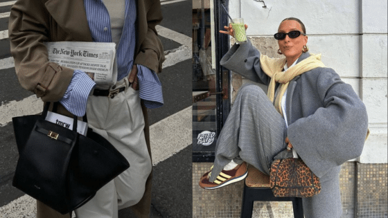 Stylish street fashion: Woman with oversized coat, sunglasses, and handbag, holding a green drink, urban chic look.