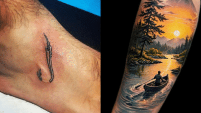 Small fish hook tattoo on ankle and detailed nature tattoo of a person in a boat on a river at sunset.