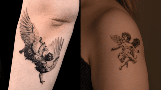 Viewing Deck Blog Two detailed angel tattoos on arms; one depicts a flying figure, the other a cherub. | Sky Rye Design Two detailed angel tattoos on arms; one depicts a flying figure, the other a cherub.