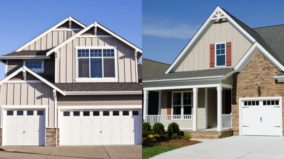 Viewing Deck Blog Two modern suburban homes with beige siding and garages, featuring front porches and gable roofs under a clear sky. | Sky Rye Design Two modern suburban homes with beige siding and garages, featuring front porches and gable roofs under a clear sky.