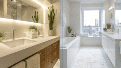 Modern bathroom design with dual sinks, large mirrors, and bright natural lighting.