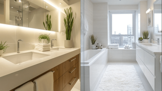 Viewing Deck Blog копия 1 Modern bathroom design with dual sinks, large mirrors, and bright natural lighting. | Sky Rye Design Modern bathroom design with dual sinks, large mirrors, and bright natural lighting.