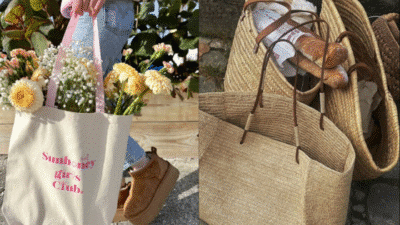 Tote bags filled with fresh flowers, bread, and newspaper, perfect for a sunny market day.