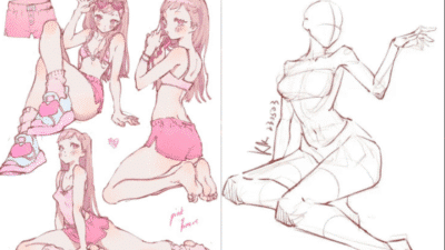 Anime character sketches in pink outfits, posing in different positions, showcase artistic style and anatomy practice.