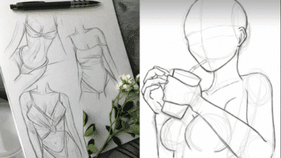 Sketches of female figures in swimwear with a detailed drawing of a figure holding a cup, art supplies nearby.