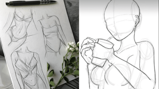 Viewing Deck Blog копия 3 Sketches of female figures in swimwear with a detailed drawing of a figure holding a cup, art supplies nearby. | Sky Rye Design Sketches of female figures in swimwear with a detailed drawing of a figure holding a cup, art supplies nearby.