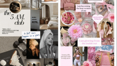 Inspirational vision board with 5 AM Club, quotes, self-care, and wellness themes in neutral and pink tones.