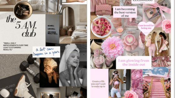 Viewing Deck Blog копия 9 Inspirational vision board with 5 AM Club, quotes, self-care, and wellness themes in neutral and pink tones. | Sky Rye Design Inspirational vision board with 5 AM Club, quotes, self-care, and wellness themes in neutral and pink tones.