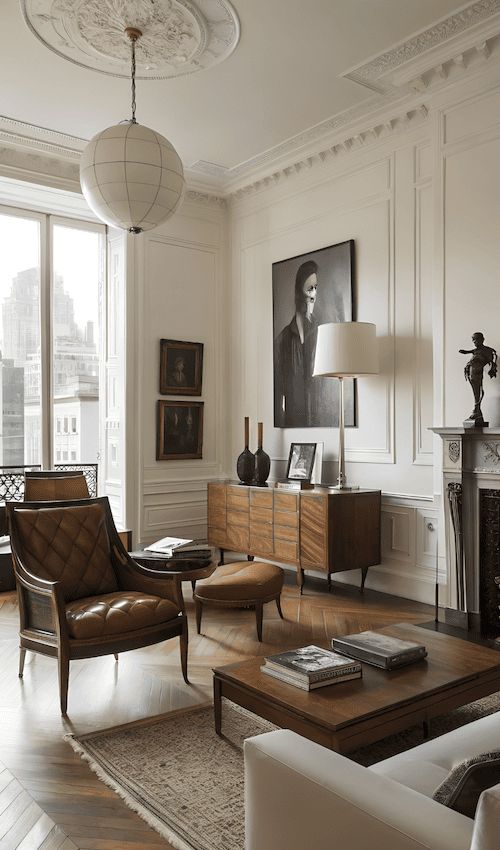 Elegant living room with vintage furniture, large window, and monochrome artwork on a white paneled wall.
