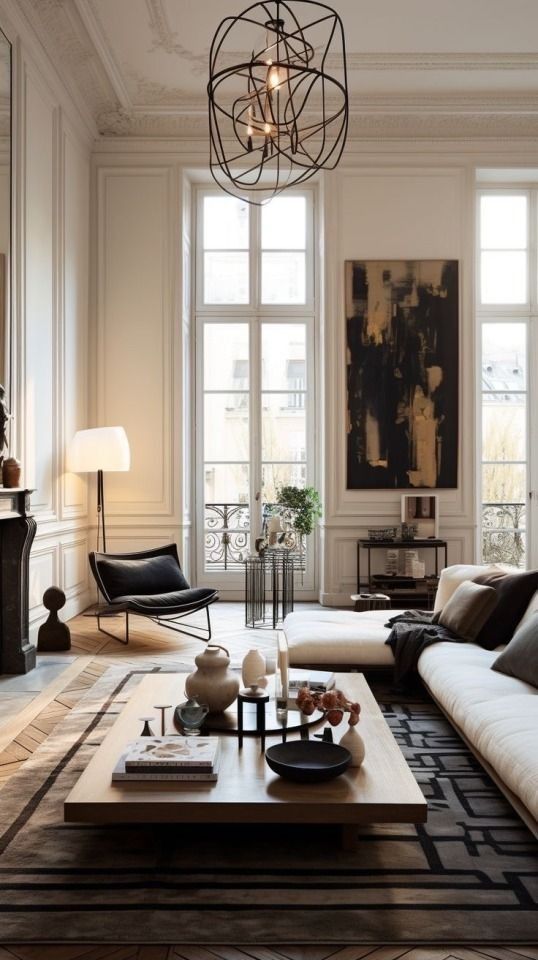 Modern living room with chic decor, minimalist furniture, large windows, abstract art, and geometric light fixture.